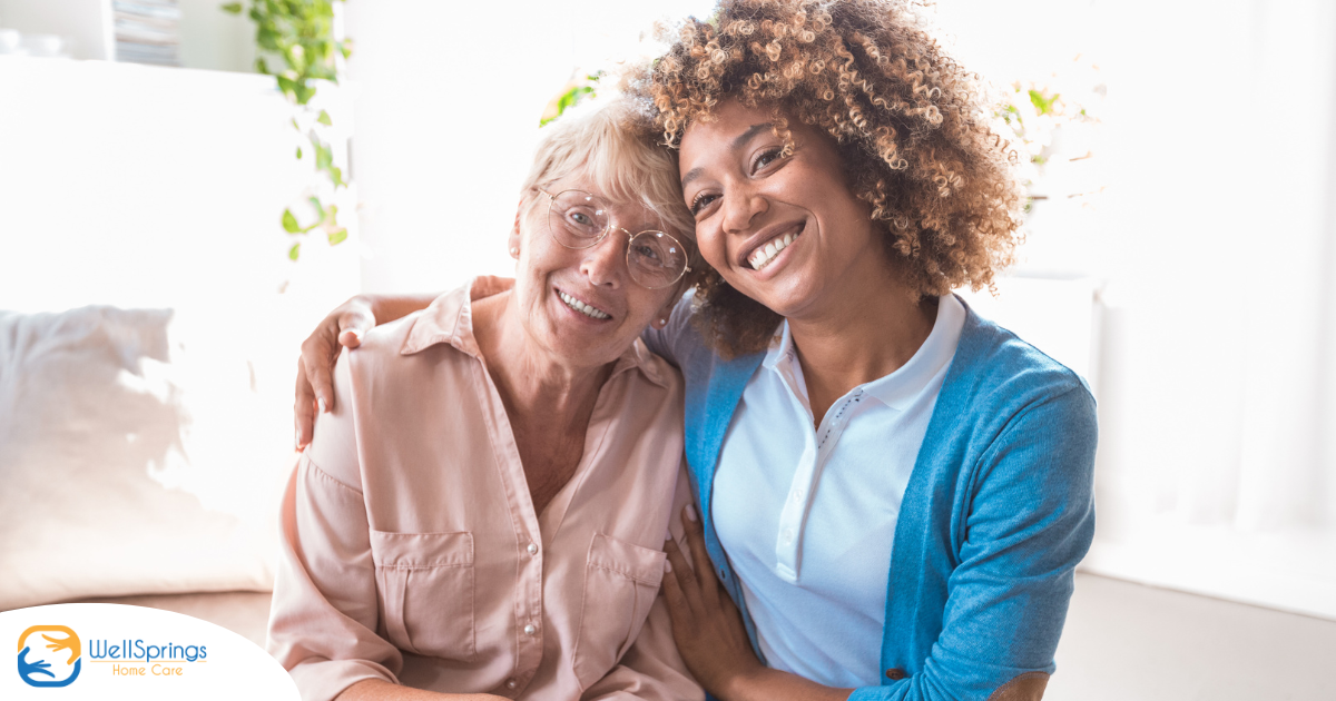 A caregiver enjoys professional caregiving as she helps a senior client.